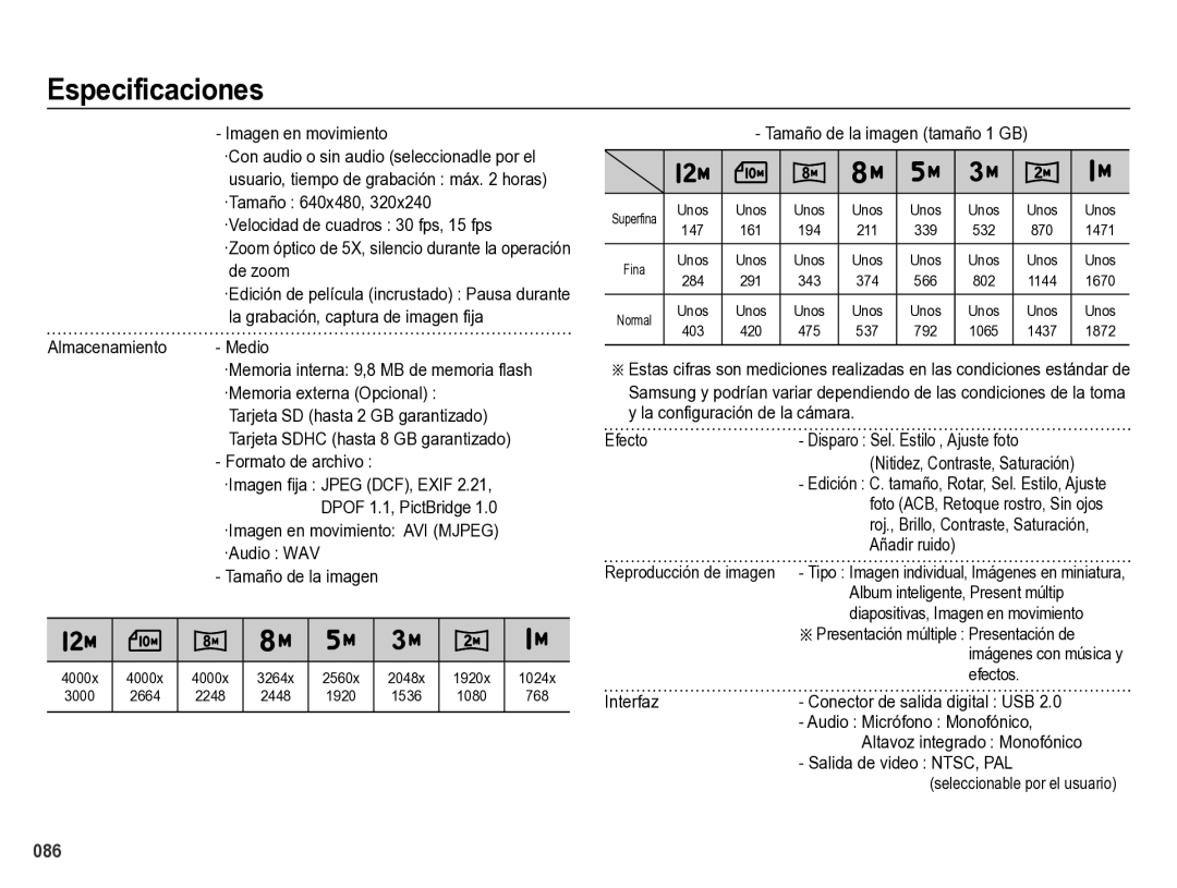 Samsung EC-ES28ZZBABE1 manual Especificaciones, Formato de archivo, ·Audio WAV Tamaño de la imagen 