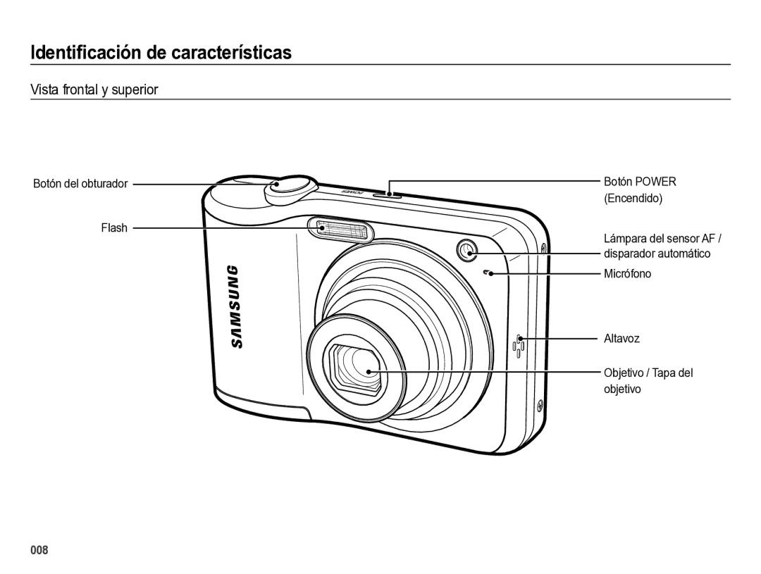 Samsung EC-ES28ZZBABE1 manual Identiﬁcación de características, Vista frontal y superior, Botón del obturador Flash 