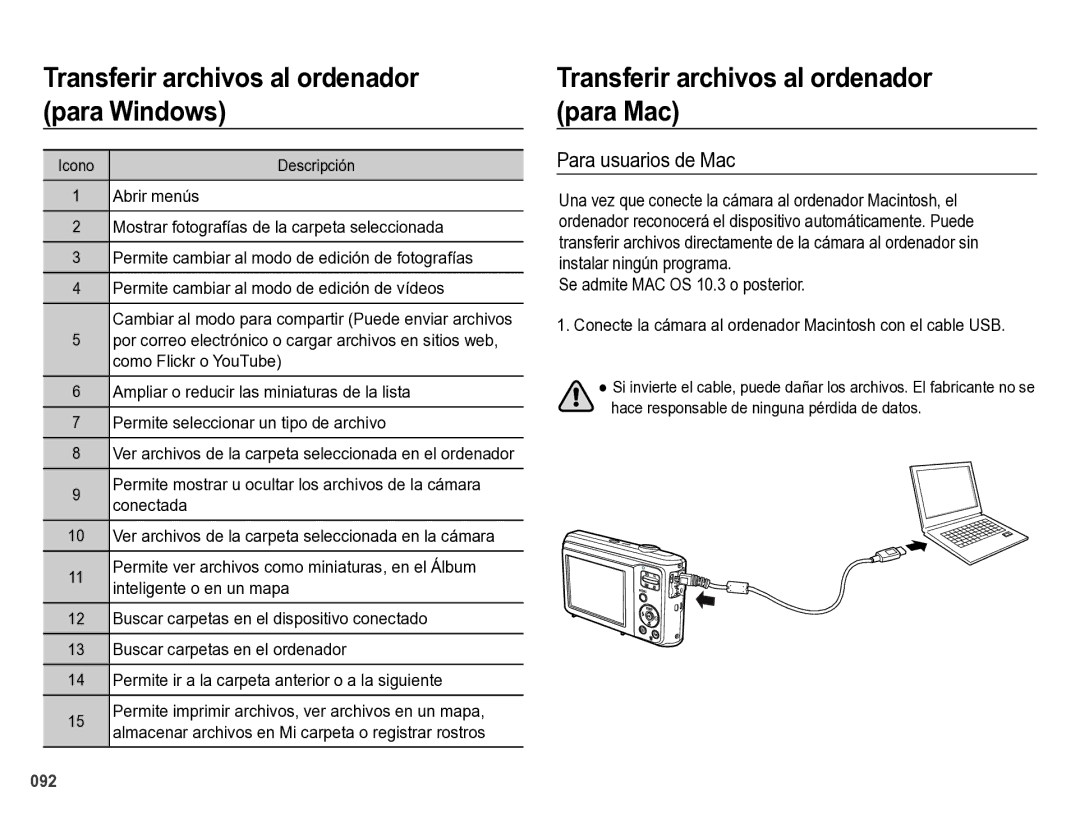 Samsung EC-ES28ZZBABE1 Transferir archivos al ordenador para Mac, Para usuarios de Mac, Se admite MAC OS 10.3 o posterior 