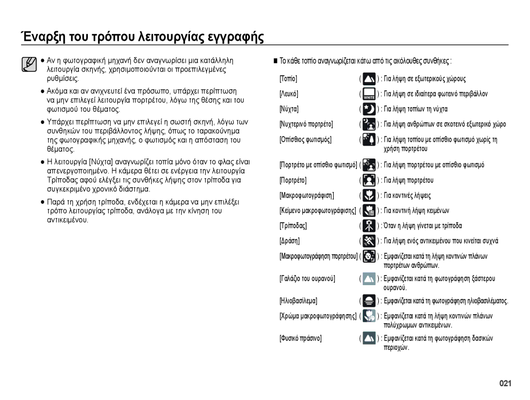 Samsung EC-ES28ZZBABE3 manual Νύχτα Για λήψη τοπίων τη νύχτα, Οπίσθιος φωτισμός, Χρήση πορτρέτου, Για κοντινή λήψη κειμένων 