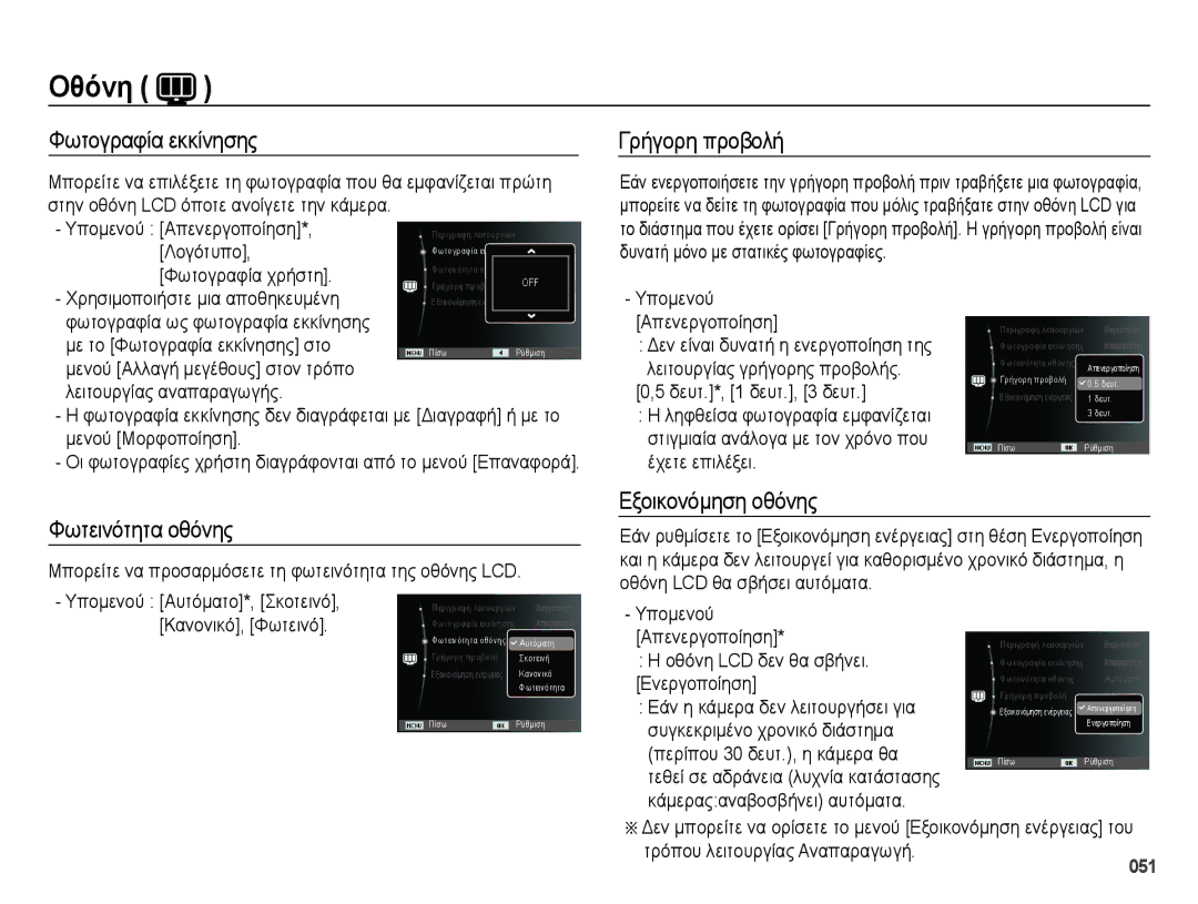 Samsung EC-ES28ZZBABE3 manual Φωτογραφία εκκίνησης, Φωτεινότητα οθόνης, Γρήγορη προβολή, Εξοικονόμηση οθόνης 