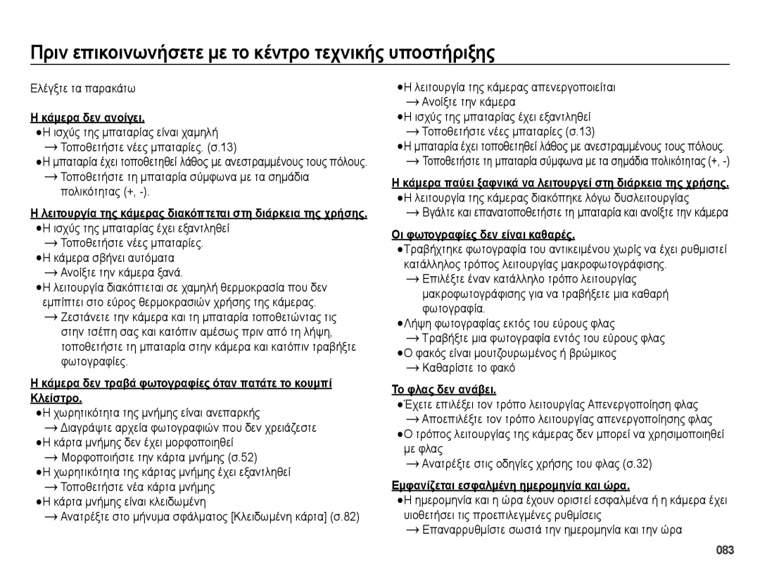 Samsung EC-ES28ZZBABE3 manual Πριν επικοινωνήσετε με το κέντρο τεχνικής υποστήριξης 