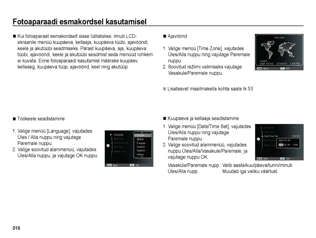 Samsung EC-ES28ZZBABE2 manual Fotoaparaadi esmakordsel kasutamisel, Üles/Alla nupp, Lisateavet maailmakella kohta saate lk 
