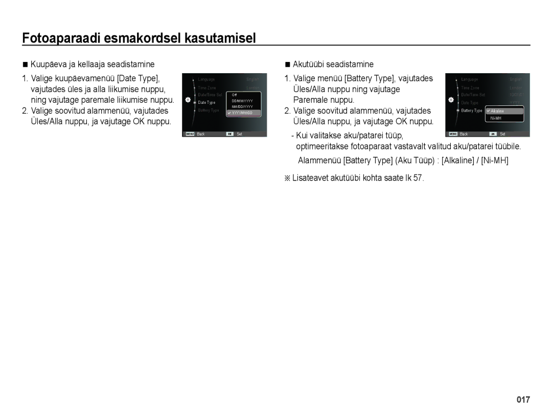 Samsung EC-ES28ZZBASE2, EC-ES28ZZBABE2 manual Kuupäeva ja kellaaja seadistamine, Lisateavet akutüübi kohta saate lk 