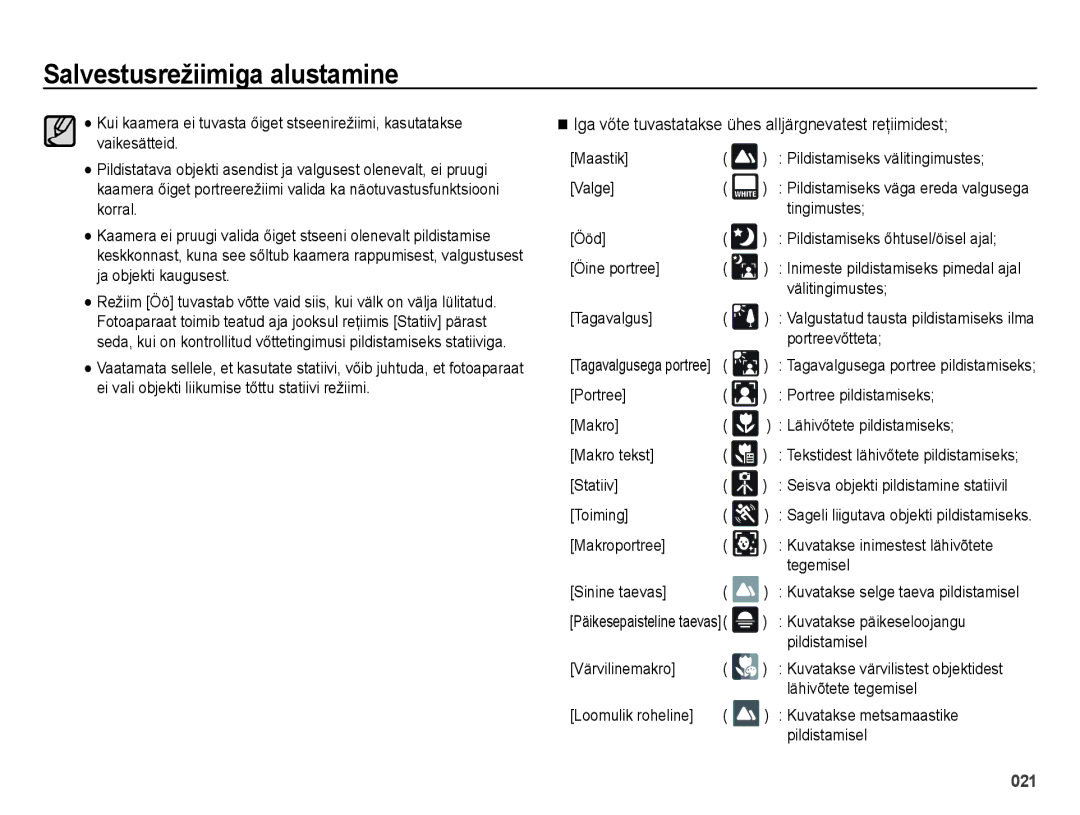 Samsung EC-ES28ZZBASE2, EC-ES28ZZBABE2 manual Iga vőte tuvastatakse ühes alljärgnevatest reţiimidest 