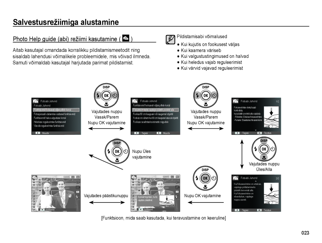 Samsung EC-ES28ZZBASE2 Photo Help guide abi režiimi kasutamine, Vajutades nuppu Vasak/Parem, Vajutades nuppu Üles/Alla 