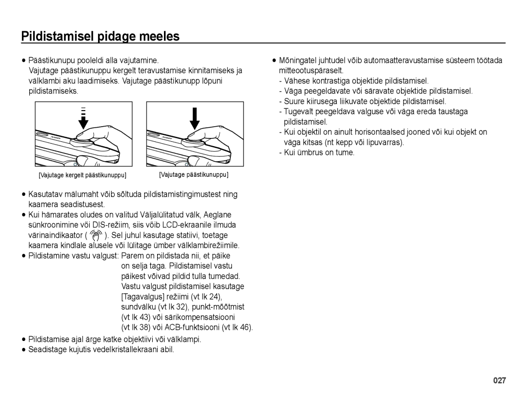 Samsung EC-ES28ZZBASE2, EC-ES28ZZBABE2 manual Pildistamisel pidage meeles, Vt lk 38 või ACB-funktsiooni vt lk 