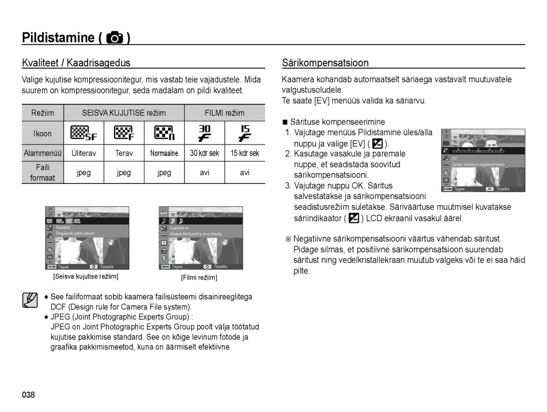 Samsung EC-ES28ZZBABE2, EC-ES28ZZBASE2 manual Kvaliteet / Kaadrisagedus, Särikompensatsioon 