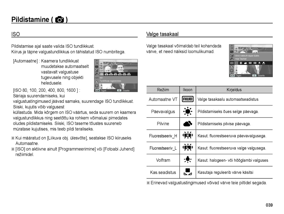 Samsung EC-ES28ZZBASE2, EC-ES28ZZBABE2 manual Valge tasakaal, Heledusele, ISO 80, 100, 200, 400, 800, Režiim Ikoon 