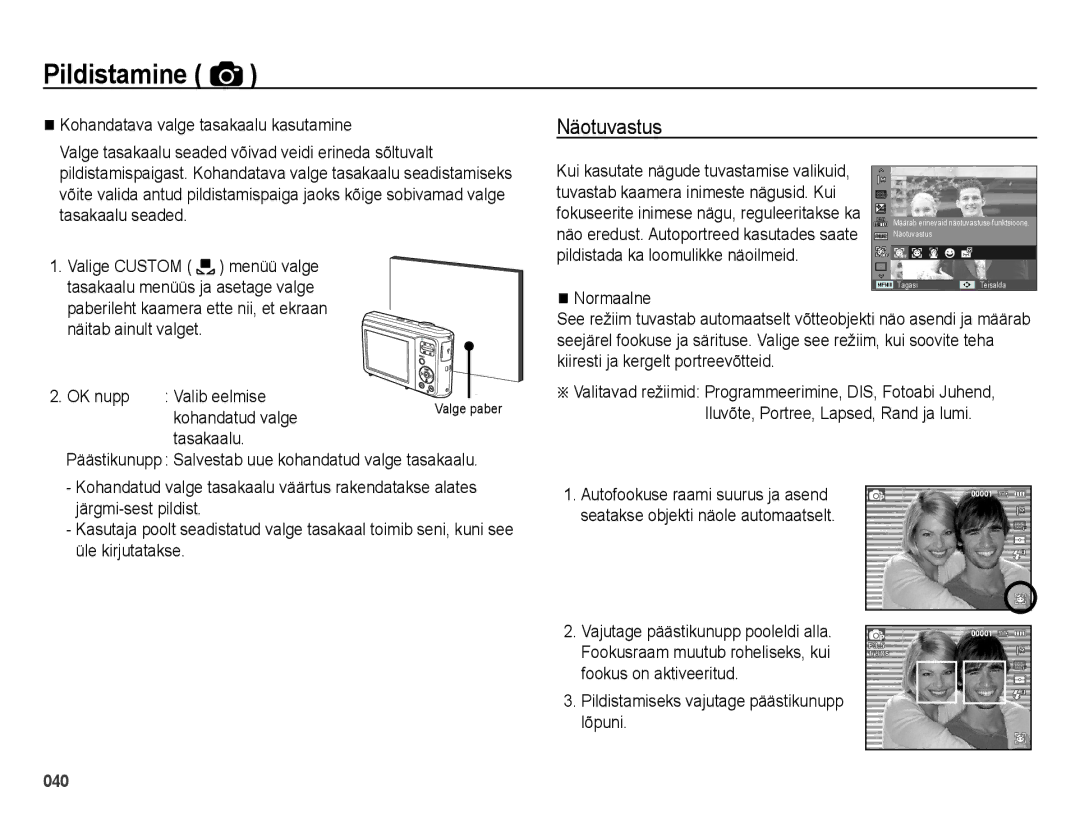 Samsung EC-ES28ZZBABE2, EC-ES28ZZBASE2 manual Näitab ainult valget OK nupp Valib eelmise Kohandatud valge, Tasakaalu 