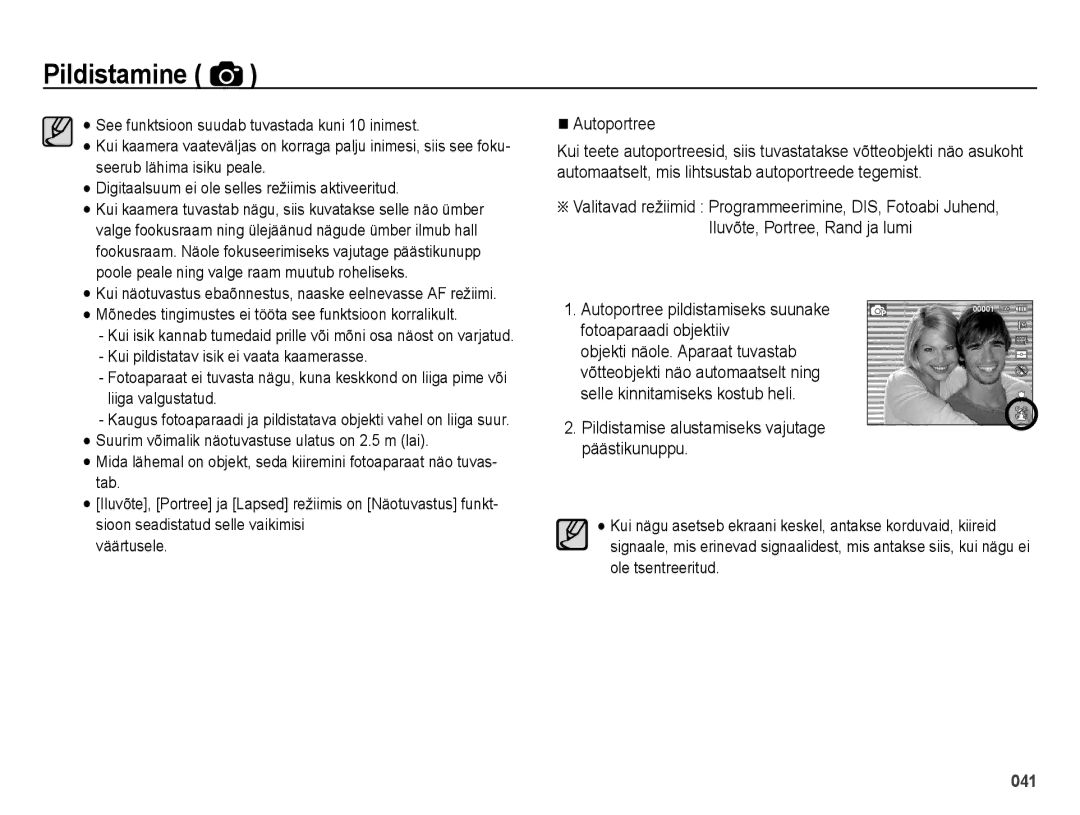 Samsung EC-ES28ZZBASE2, EC-ES28ZZBABE2 manual Autoportree pildistamiseks suunake fotoaparaadi objektiiv 