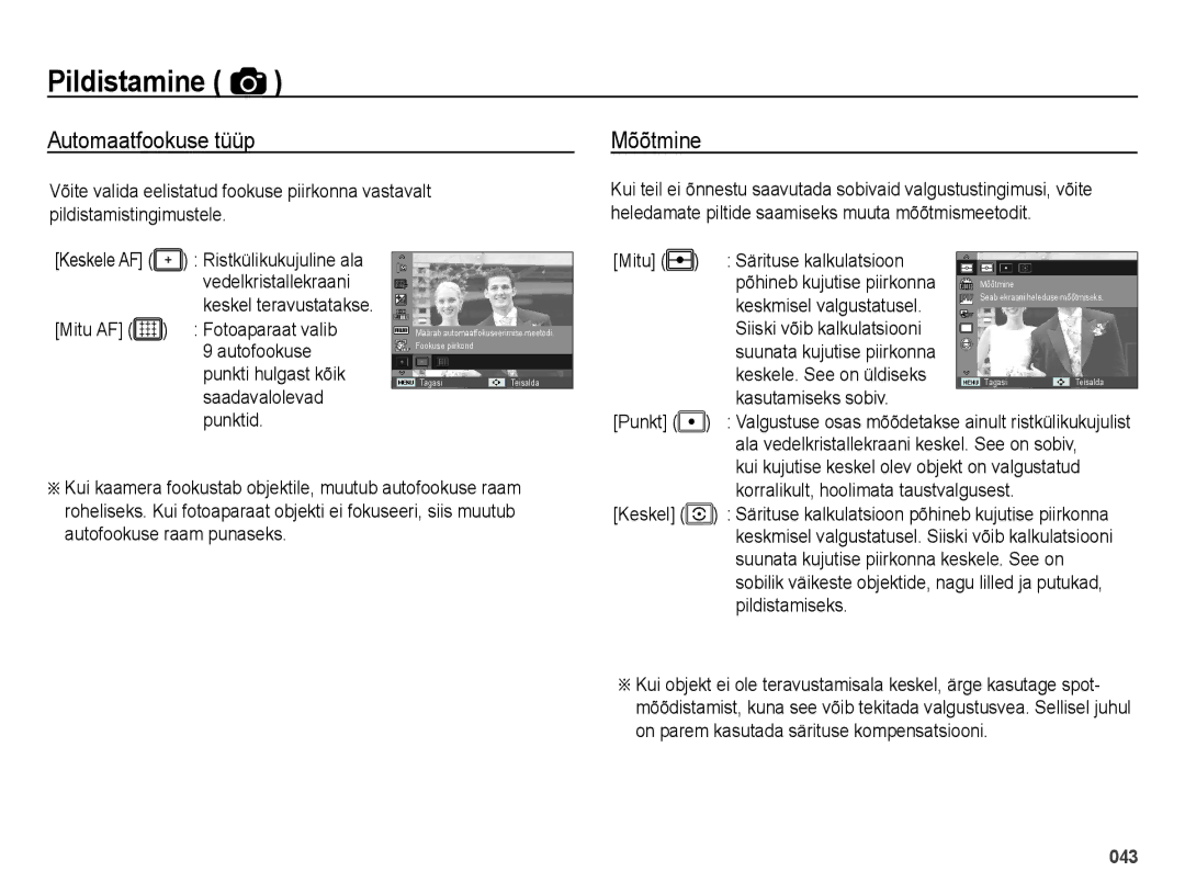 Samsung EC-ES28ZZBASE2, EC-ES28ZZBABE2 manual Automaatfookuse tüüp, Mõõtmine 