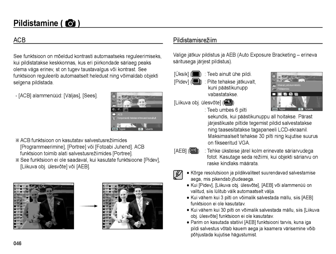 Samsung EC-ES28ZZBABE2, EC-ES28ZZBASE2 manual Pildistamisrežiim, On ﬁkseeritud VGA AEB, Raske kindlaks määrata 