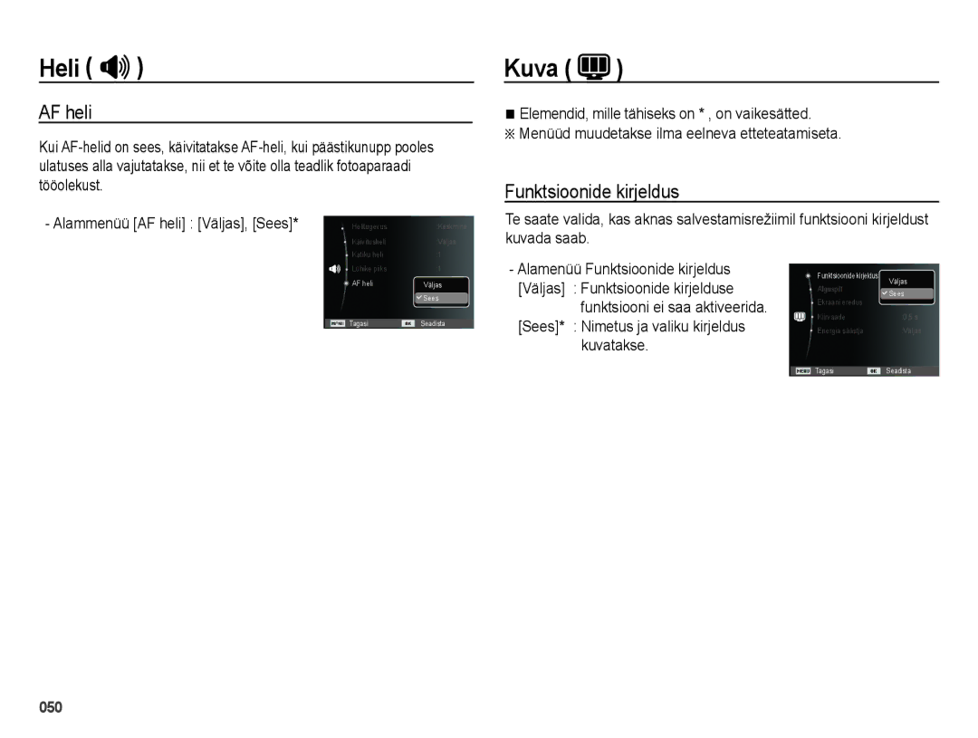 Samsung EC-ES28ZZBABE2, EC-ES28ZZBASE2 manual AF heli, Funktsioonide kirjeldus, Kuvatakse 