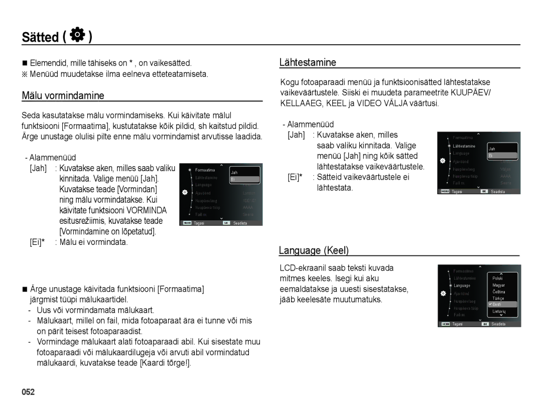 Samsung EC-ES28ZZBABE2, EC-ES28ZZBASE2 manual Sätted, Mälu vormindamine Lähtestamine, Language Keel 