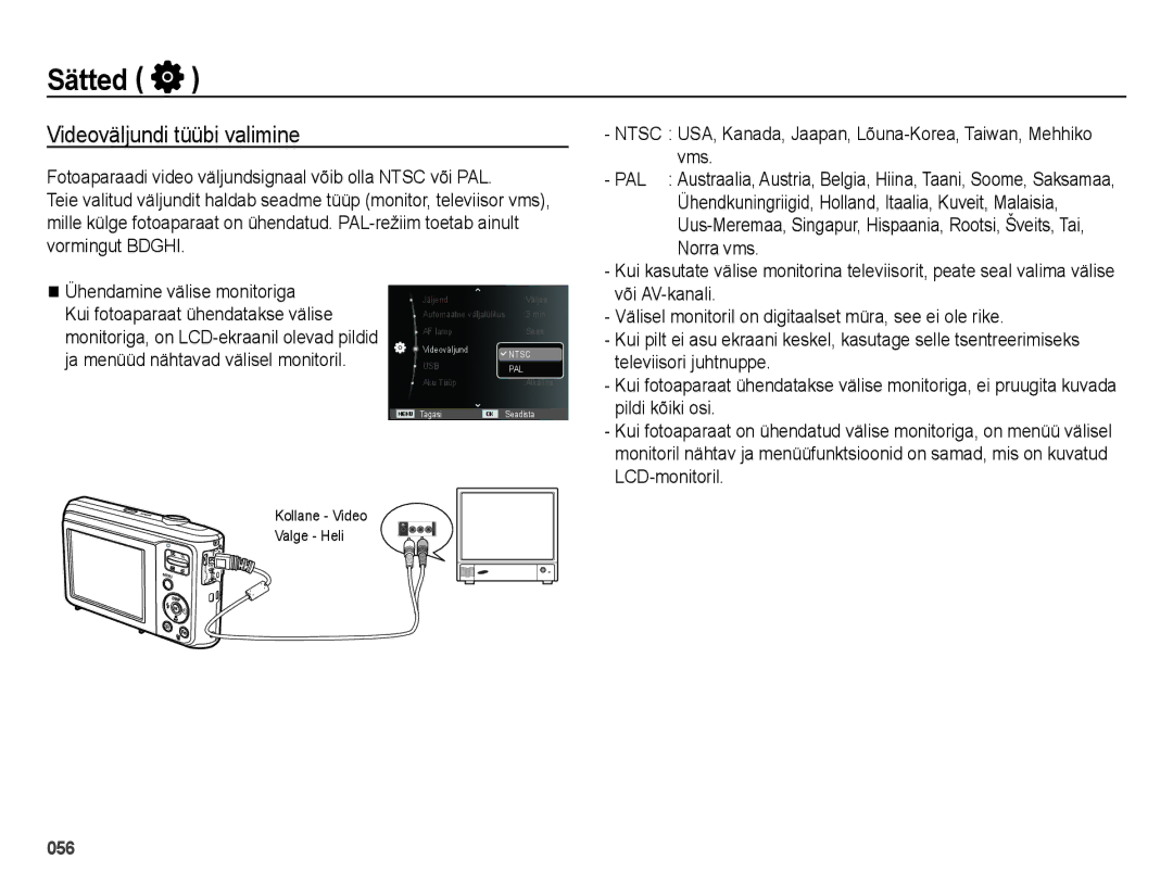 Samsung EC-ES28ZZBABE2, EC-ES28ZZBASE2 manual Videoväljundi tüübi valimine 