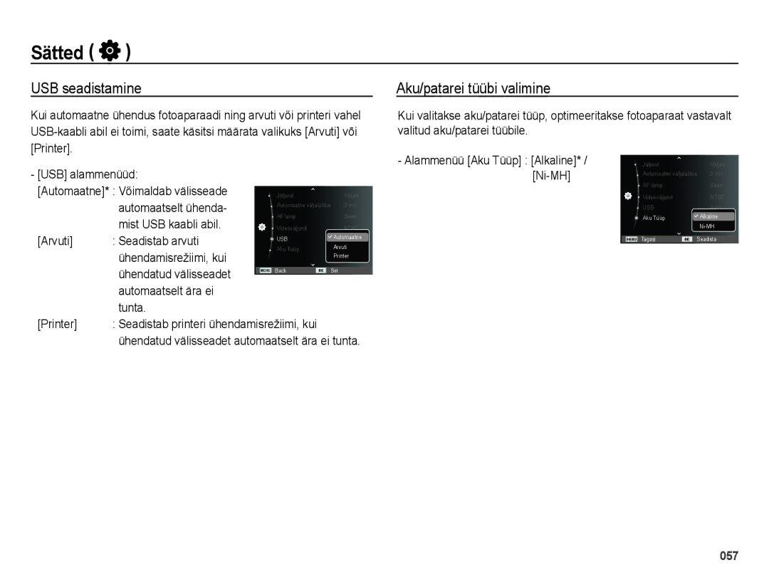 Samsung EC-ES28ZZBASE2, EC-ES28ZZBABE2 manual USB seadistamine, Aku/patarei tüübi valimine 