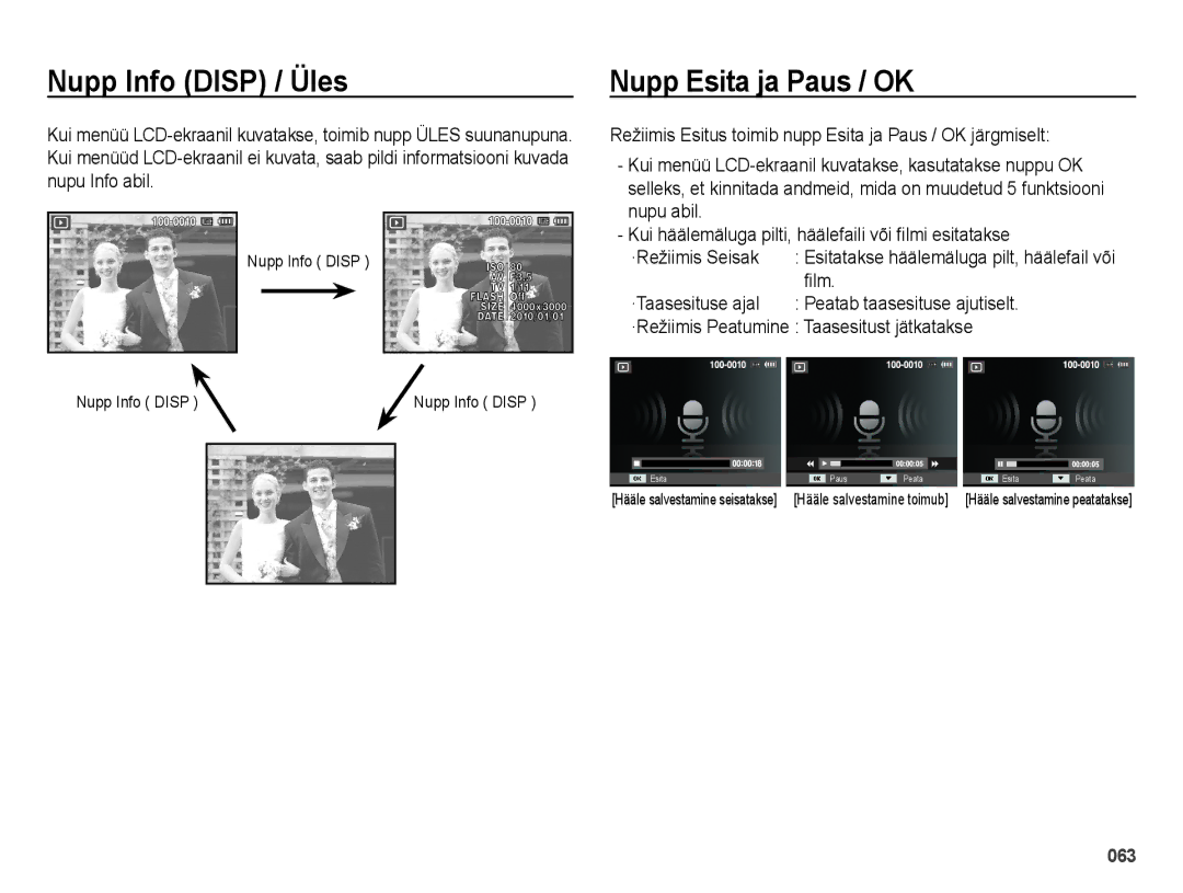 Samsung EC-ES28ZZBASE2, EC-ES28ZZBABE2 manual Nupp Esita ja Paus / OK, Film, Nupp Info Disp 