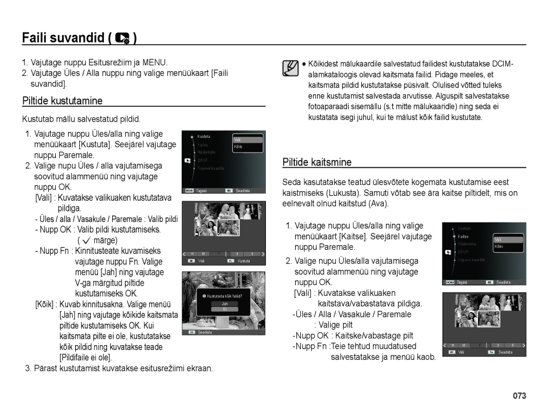 Samsung EC-ES28ZZBASE2, EC-ES28ZZBABE2 manual Faili suvandid, Piltide kustutamine, Piltide kaitsmine 