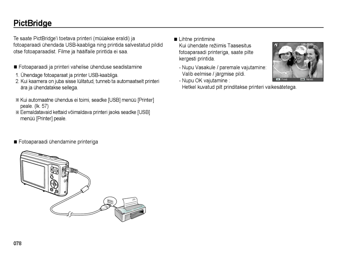 Samsung EC-ES28ZZBABE2, EC-ES28ZZBASE2 manual PictBridge, Hetkel kuvatud pilt prinditakse printeri vaikesätetega 