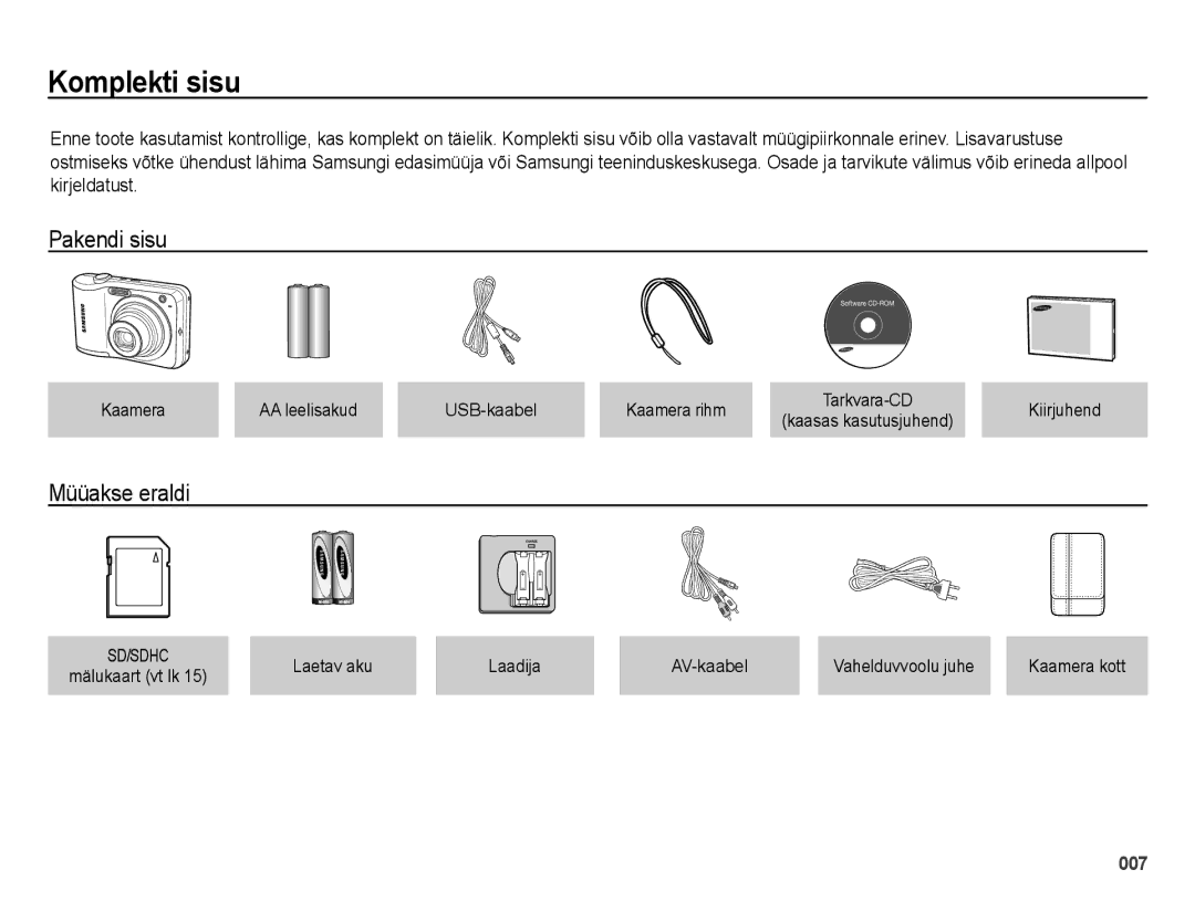 Samsung EC-ES28ZZBASE2 manual Komplekti sisu, Pakendi sisu, Müüakse eraldi, Kaamera AA leelisakud USB-kaabel Kaamera rihm 