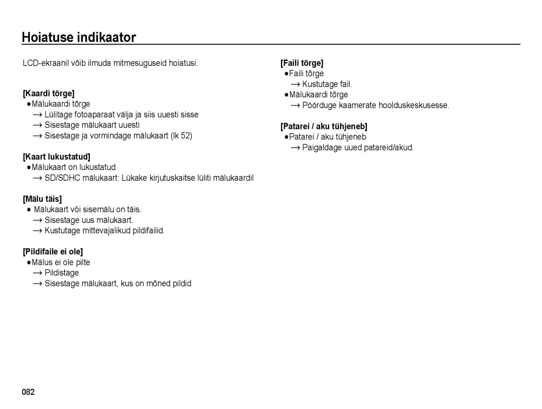 Samsung EC-ES28ZZBABE2, EC-ES28ZZBASE2 manual Hoiatuse indikaator, Mälu täis 