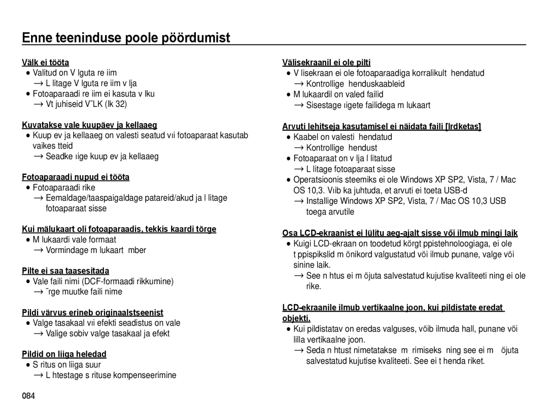 Samsung EC-ES28ZZBABE2, EC-ES28ZZBASE2 manual Välk ei tööta, Kuvatakse vale kuupäev ja kellaaeg, Fotoaparaadi nupud ei tööta 