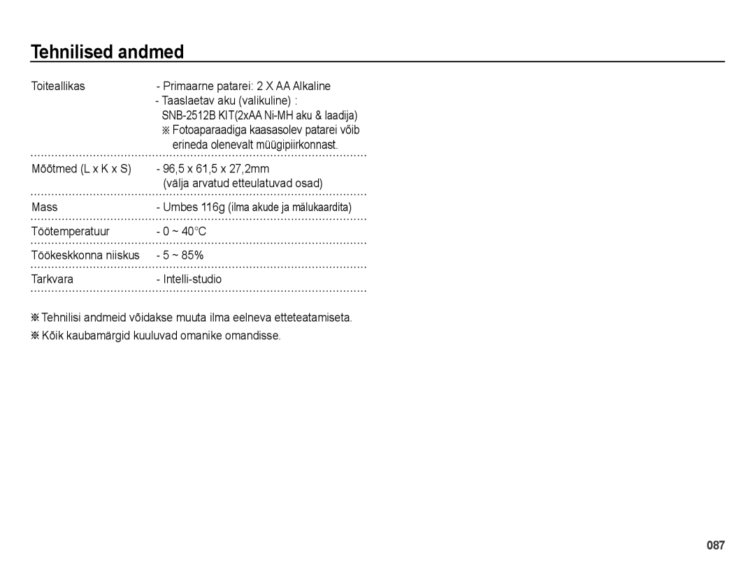 Samsung EC-ES28ZZBASE2 Toiteallikas, Taaslaetav aku valikuline, 96,5 x 61,5 x 27,2mm, Välja arvatud etteulatuvad osad 