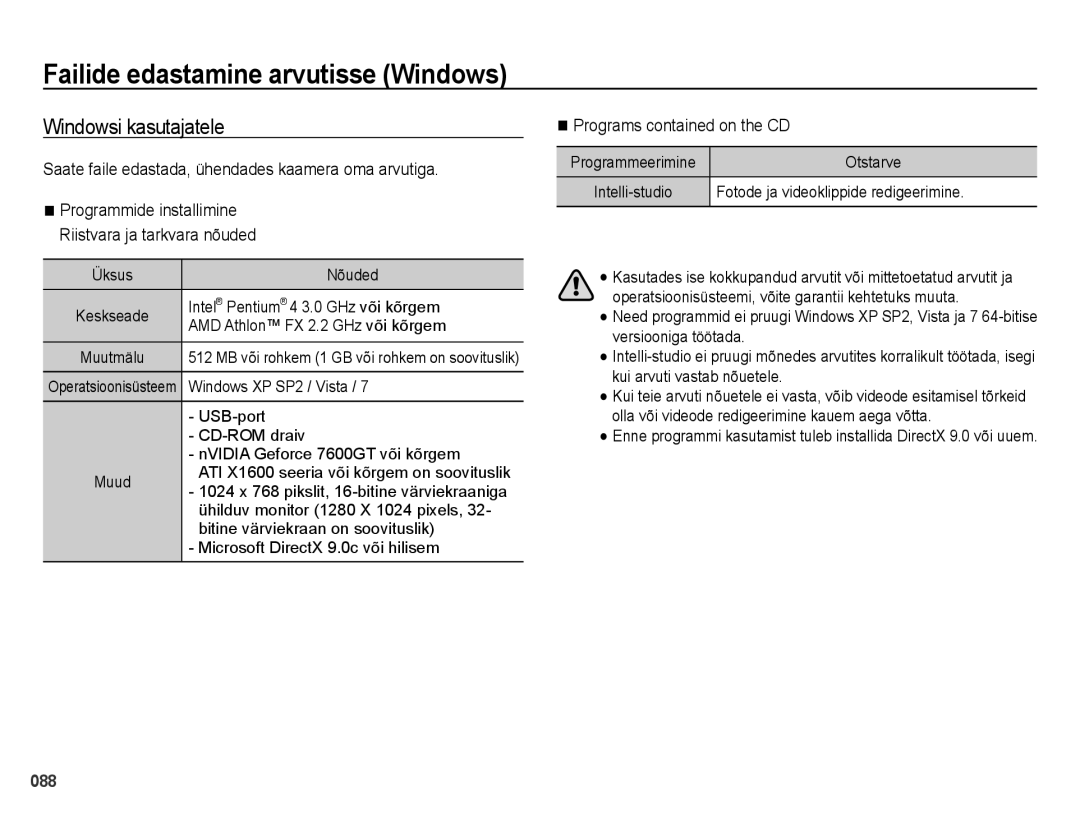 Samsung EC-ES28ZZBABE2 manual Failide edastamine arvutisse Windows, Windowsi kasutajatele, Programs contained on the CD 