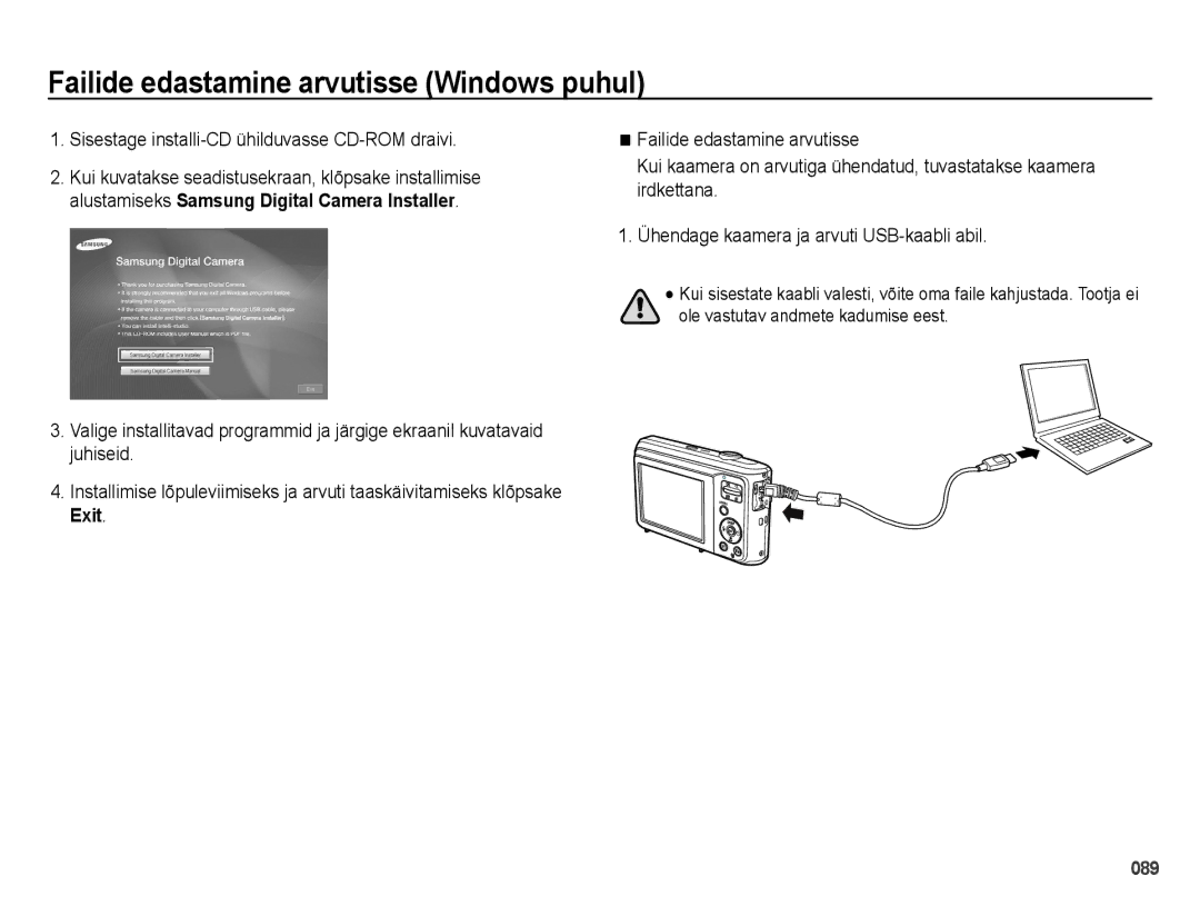 Samsung EC-ES28ZZBASE2 manual Failide edastamine arvutisse Windows puhul, Sisestage installi-CD ühilduvasse CD-ROM draivi 