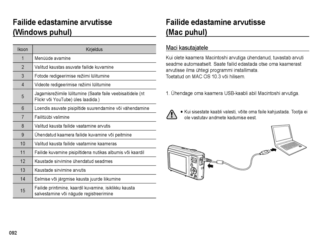 Samsung EC-ES28ZZBABE2 Failide edastamine arvutisse Mac puhul, Maci kasutajatele, Toetatud on MAC OS 10.3 või hilisem 