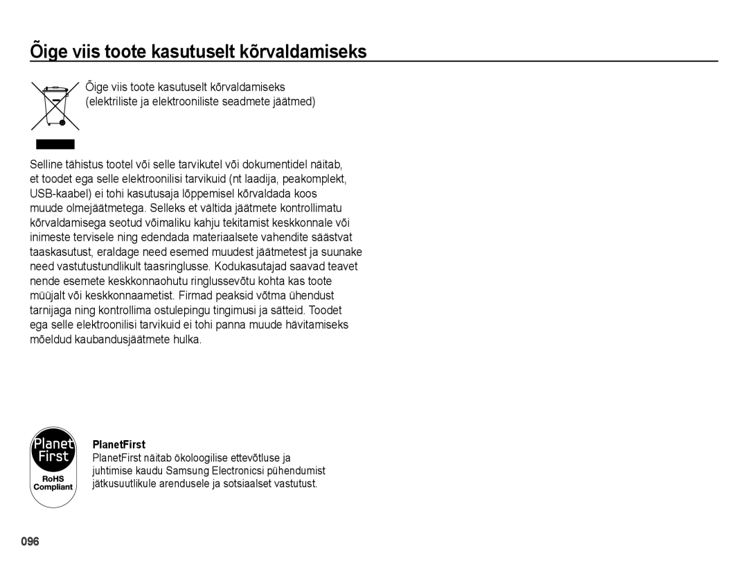 Samsung EC-ES28ZZBABE2, EC-ES28ZZBASE2 manual Õige viis toote kasutuselt kõrvaldamiseks, PlanetFirst 