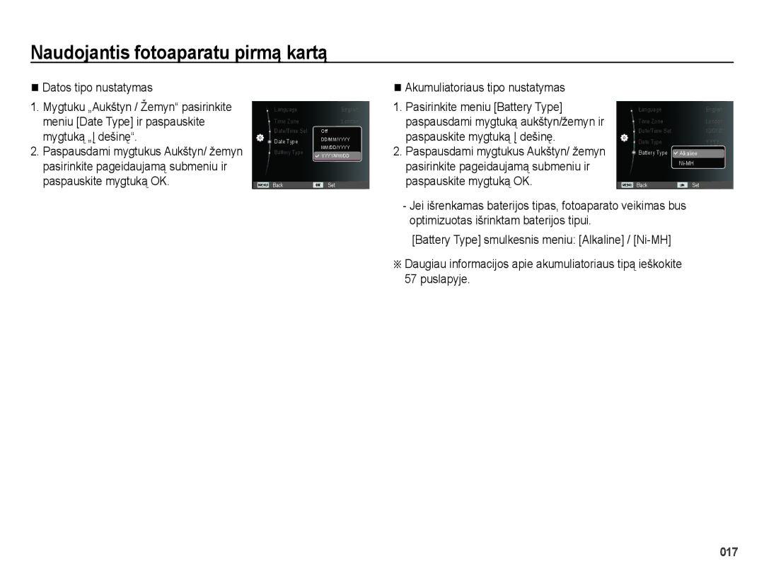 Samsung EC-ES28ZZBASE2, EC-ES28ZZBABE2 manual Akumuliatoriaus tipo nustatymas 