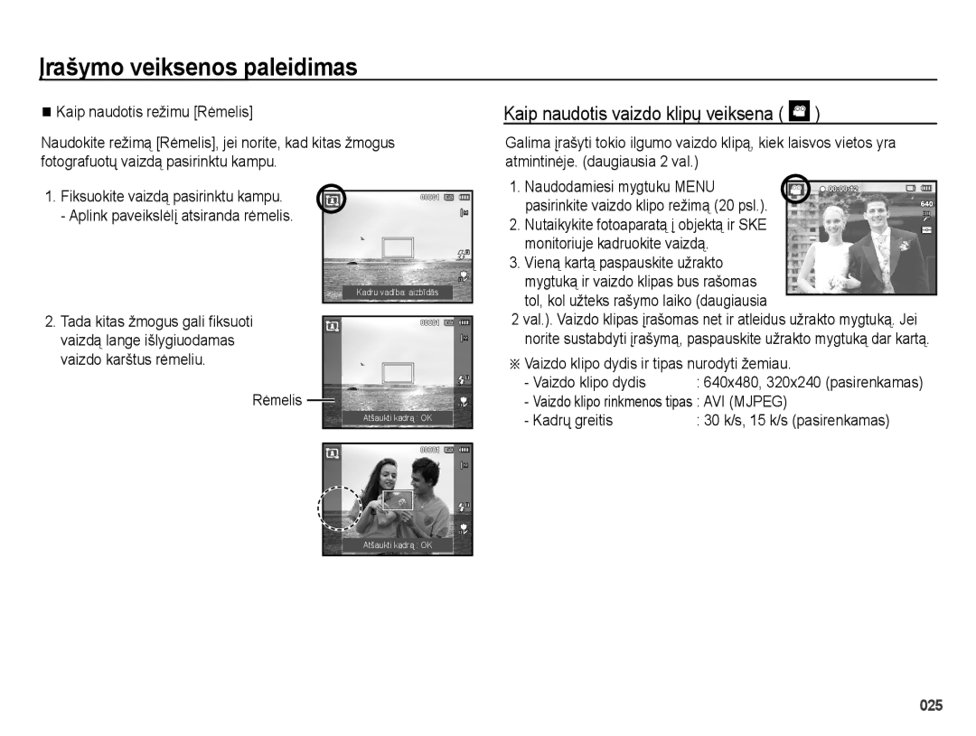 Samsung EC-ES28ZZBASE2, EC-ES28ZZBABE2 Kaip naudotis vaizdo klipų veiksena, Vaizdo klipo dydis ir tipas nurodyti žemiau 