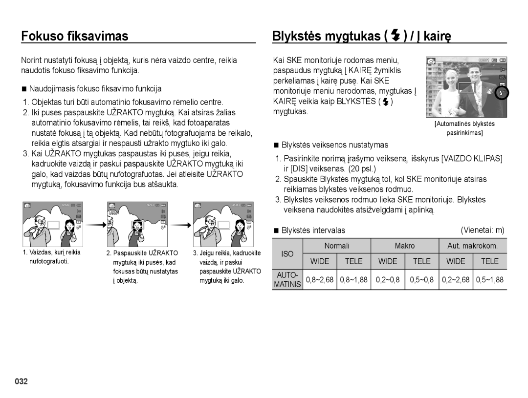 Samsung EC-ES28ZZBABE2, EC-ES28ZZBASE2 manual Fokuso ﬁksavimas, Blykstės mygtukas / Į kairę, Blykstės intervalas 