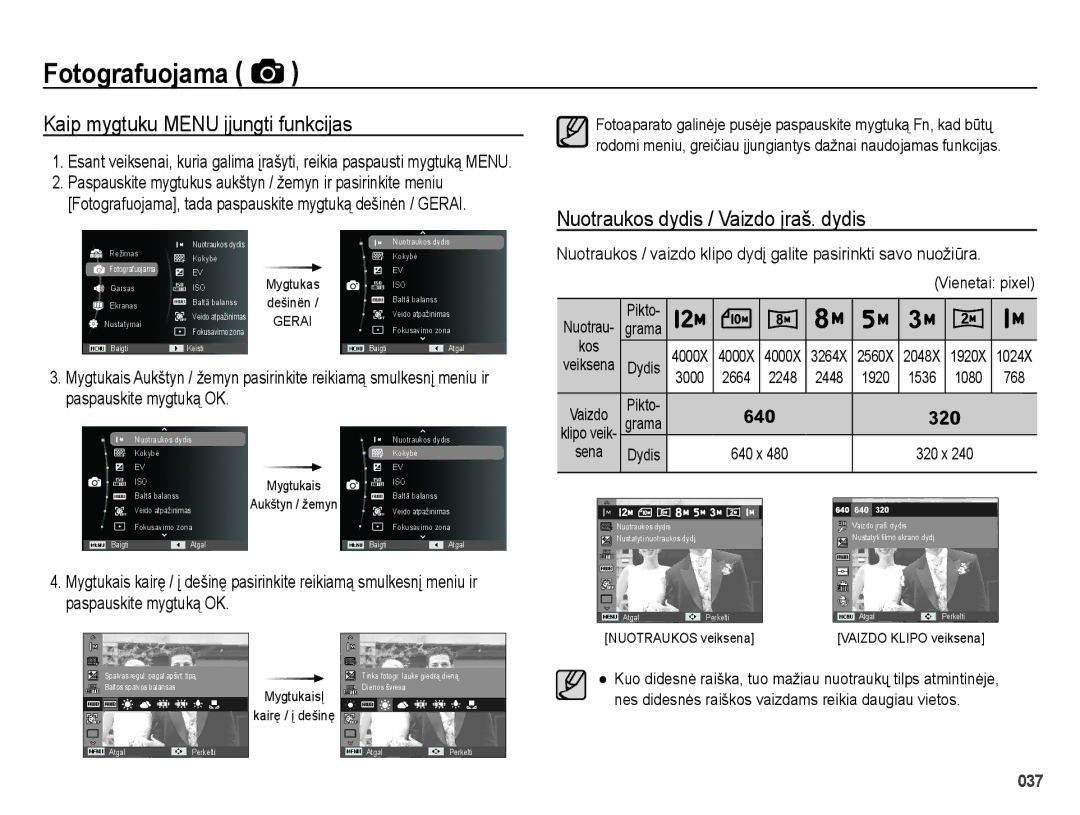 Samsung EC-ES28ZZBASE2, EC-ES28ZZBABE2 manual Kaip mygtuku Menu įjungti funkcijas, Nuotraukos dydis / Vaizdo įraš. dydis 