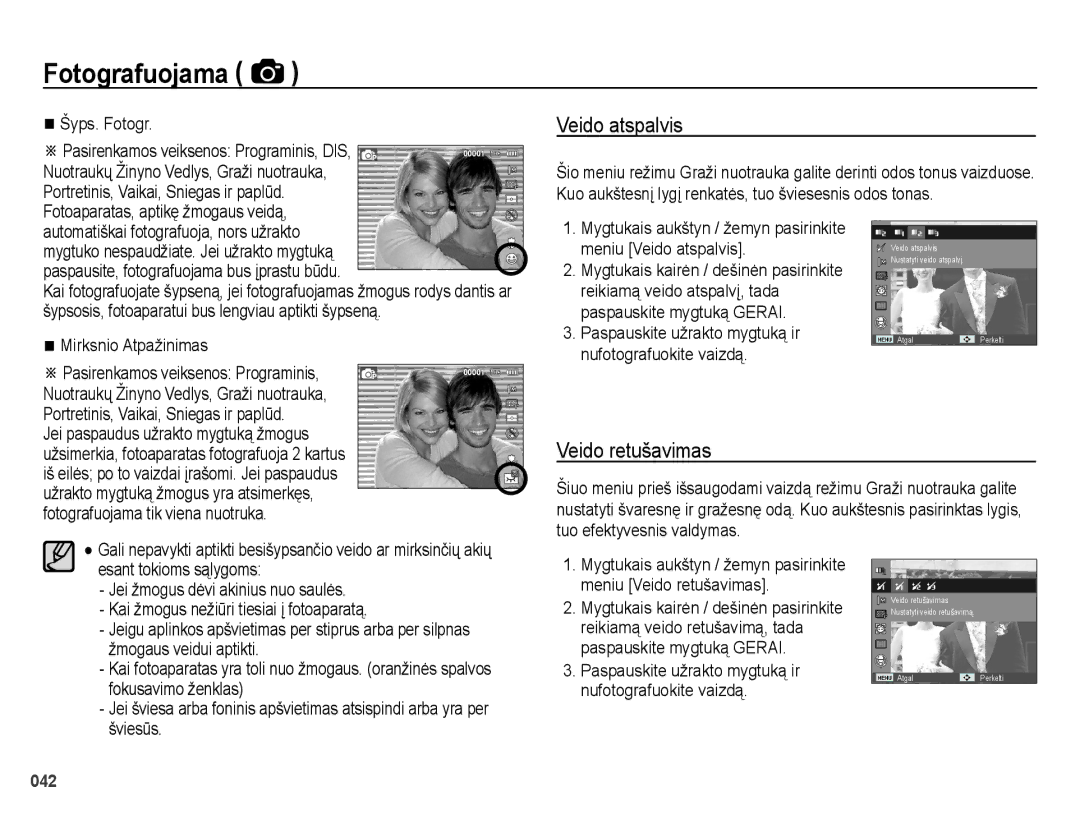 Samsung EC-ES28ZZBABE2 manual Veido atspalvis, Veido retušavimas, Šyps. Fotogr, Automatiškai fotografuoja, nors užrakto 