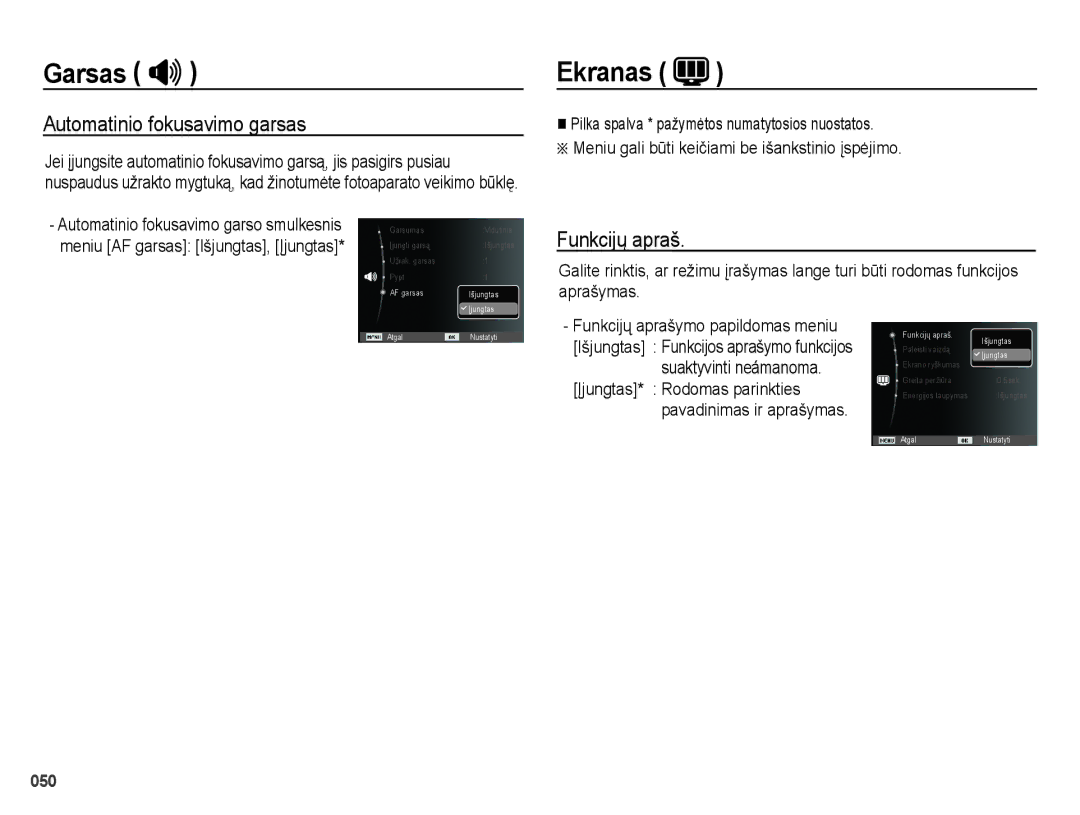 Samsung EC-ES28ZZBABE2, EC-ES28ZZBASE2 manual Ekranas, Automatinio fokusavimo garsas, Funkcijų apraš 