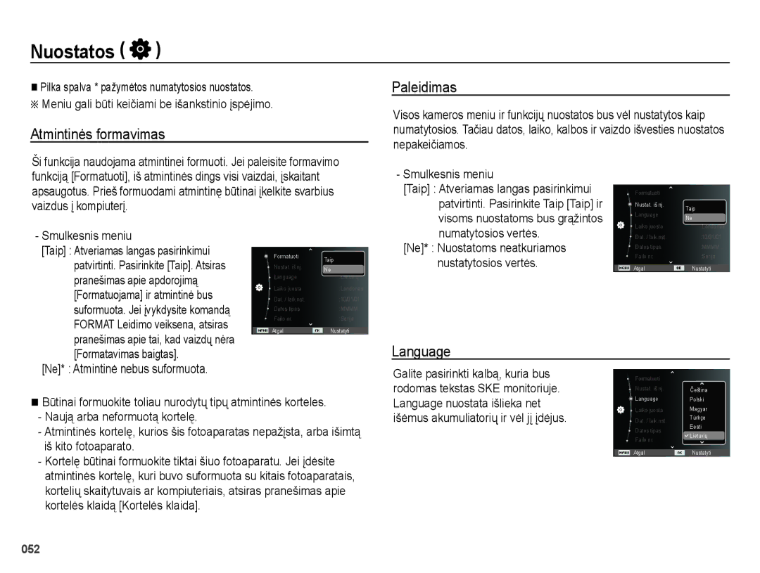 Samsung EC-ES28ZZBABE2 Nuostatos, Atmintinės formavimas Paleidimas, Language, Numatytosios vertės, Nustatytosios vertės 