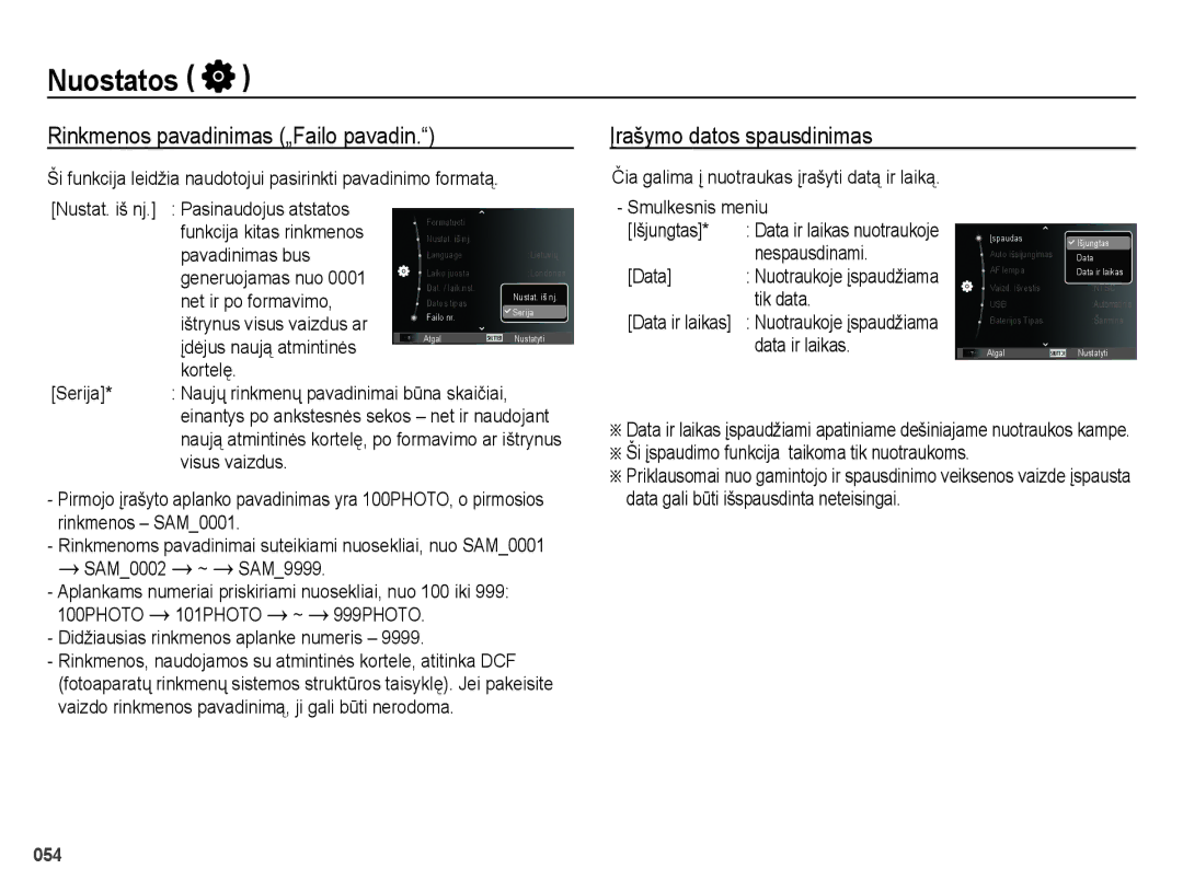 Samsung EC-ES28ZZBABE2, EC-ES28ZZBASE2 manual Nespausdinami, Tik data, Data ir laikas, SAM0002 ~ SAM9999 