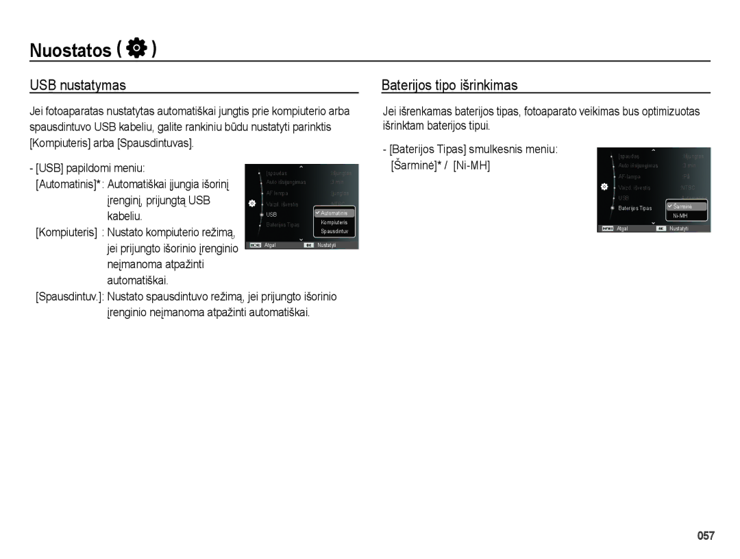 Samsung EC-ES28ZZBASE2, EC-ES28ZZBABE2 USB nustatymas, Baterijos tipo išrinkimas, Kompiuteris Nustato kompiuterio režimą 