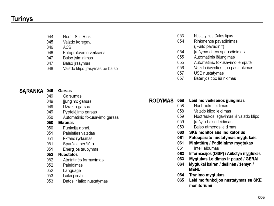 Samsung EC-ES28ZZBASE2 Sąranka 049 Garsas, Ekranas, Nuostatos, Rodymas 058 Leidimo veiksenos įjungimas, Intel. albumas 