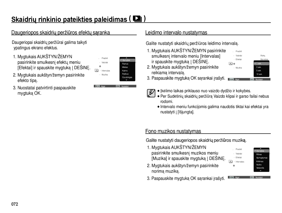 Samsung EC-ES28ZZBABE2, EC-ES28ZZBASE2 Fono muzikos nustatymas, Galite nustatyti daugeriopos skaidrių peržiūros muziką 