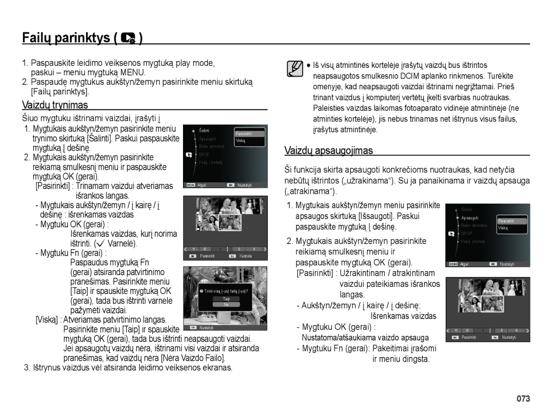 Samsung EC-ES28ZZBASE2 Failų parinktys, Vaizdų trynimas, Vaizdų apsaugojimas, Šiuo mygtuku ištrinami vaizdai, įrašyti į 