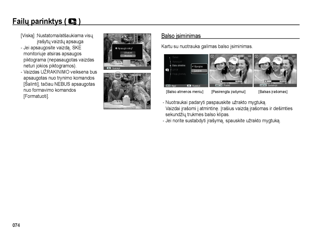 Samsung EC-ES28ZZBABE2, EC-ES28ZZBASE2 Balso įsiminimas, Neturi jokios piktogramos, Nuo formavimo komandos, Formatuoti 