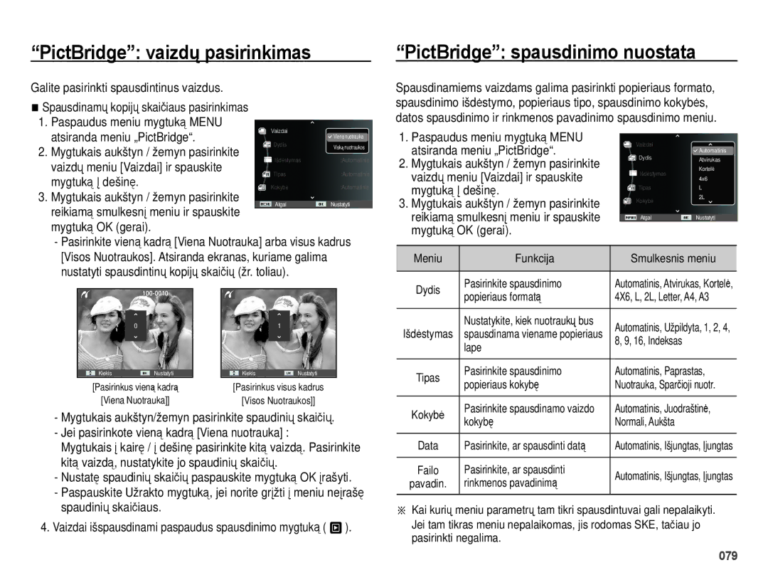 Samsung EC-ES28ZZBASE2, EC-ES28ZZBABE2 PictBridge vaizdų pasirinkimas, PictBridge spausdinimo nuostata, Mygtuką OK gerai 