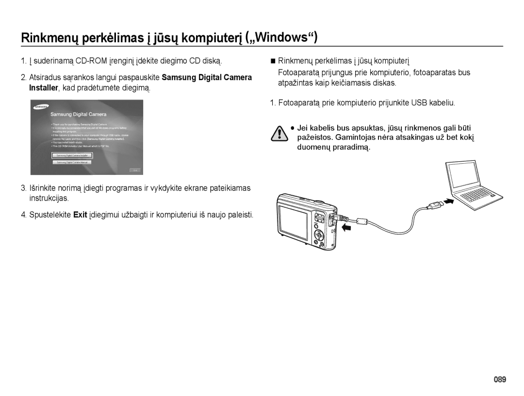 Samsung EC-ES28ZZBASE2, EC-ES28ZZBABE2 manual Fotoaparatą prie kompiuterio prijunkite USB kabeliu 