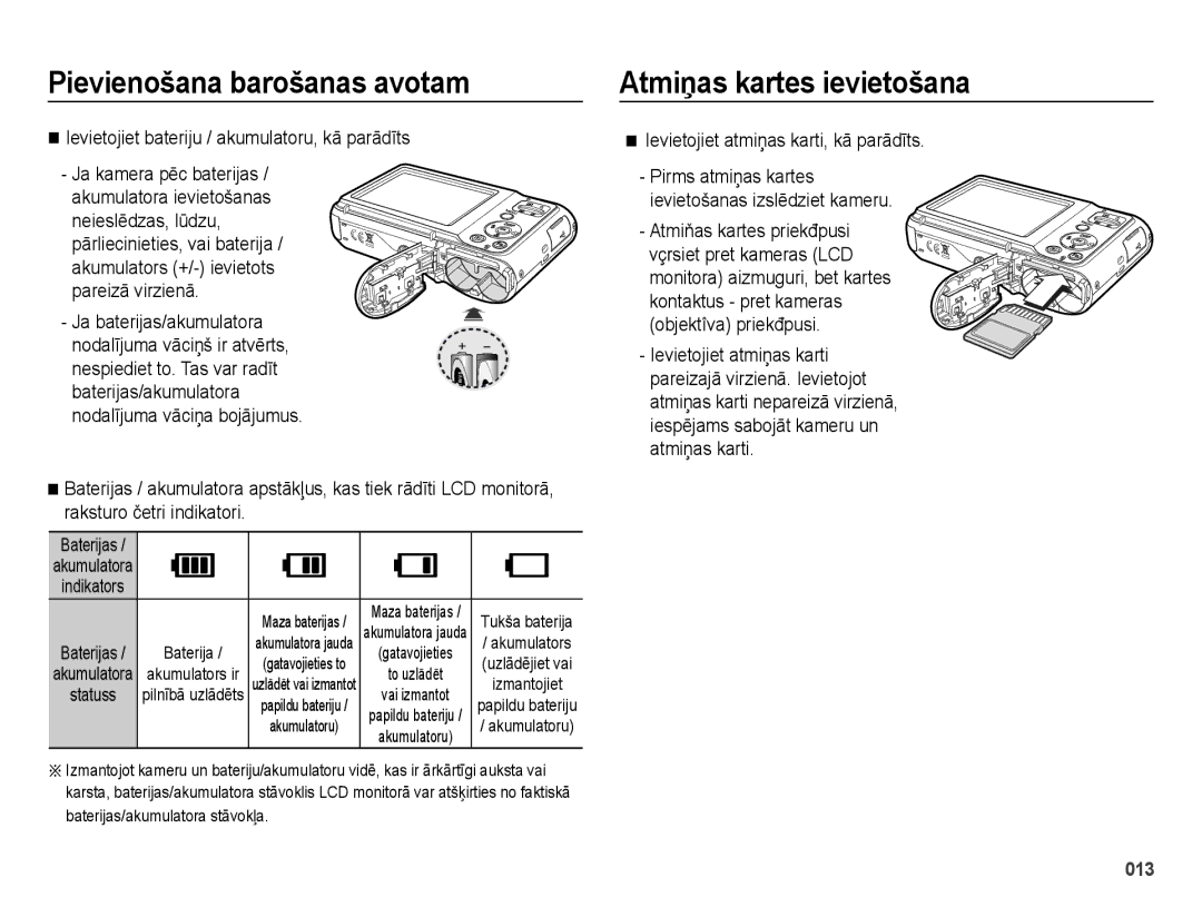 Samsung EC-ES28ZZBASE2, EC-ES28ZZBABE2 manual Atmiņas kartes ievietošana, Ievietojiet bateriju / akumulatoru, kā parādīts 