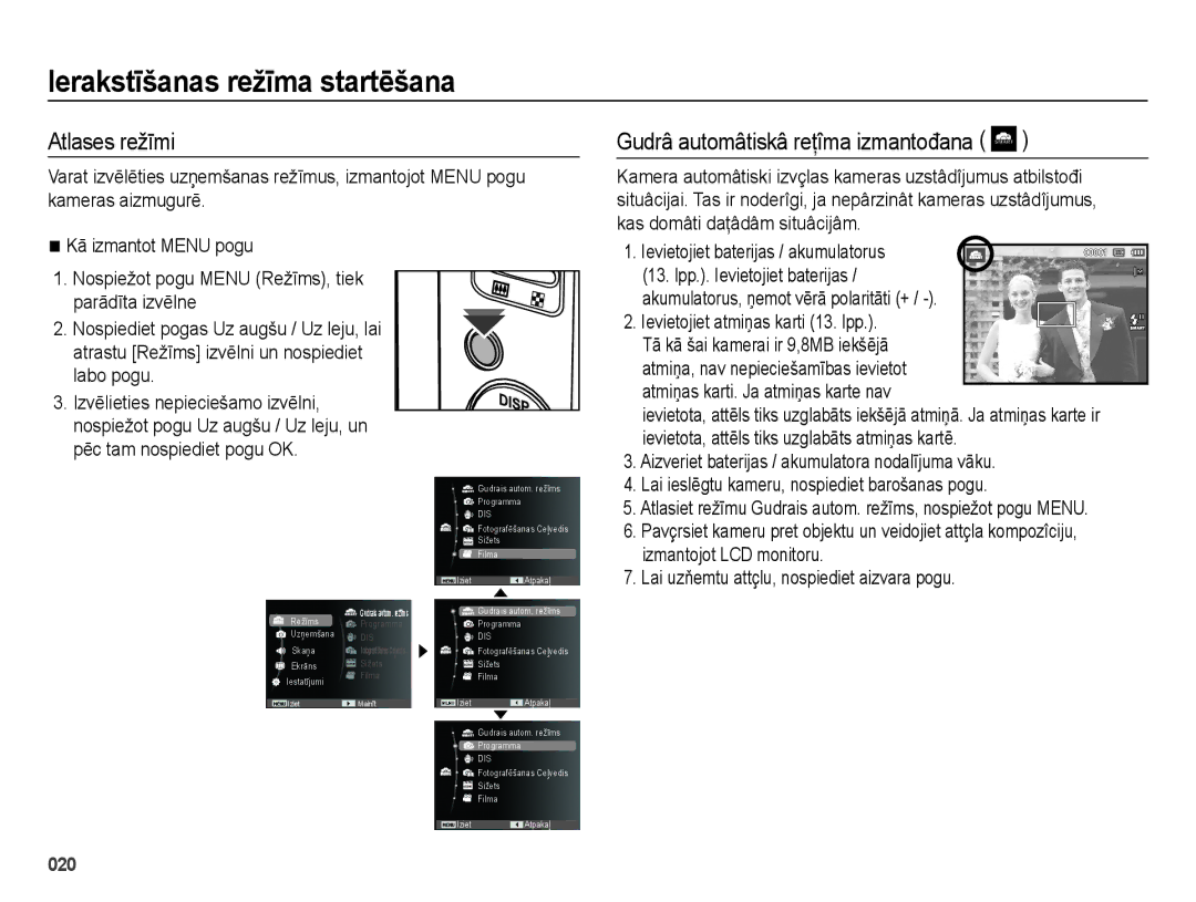 Samsung EC-ES28ZZBABE2 manual Ierakstīšanas režīma startēšana, Atlases režīmi, Gudrâ automâtiskâ reţîma izmantođana 