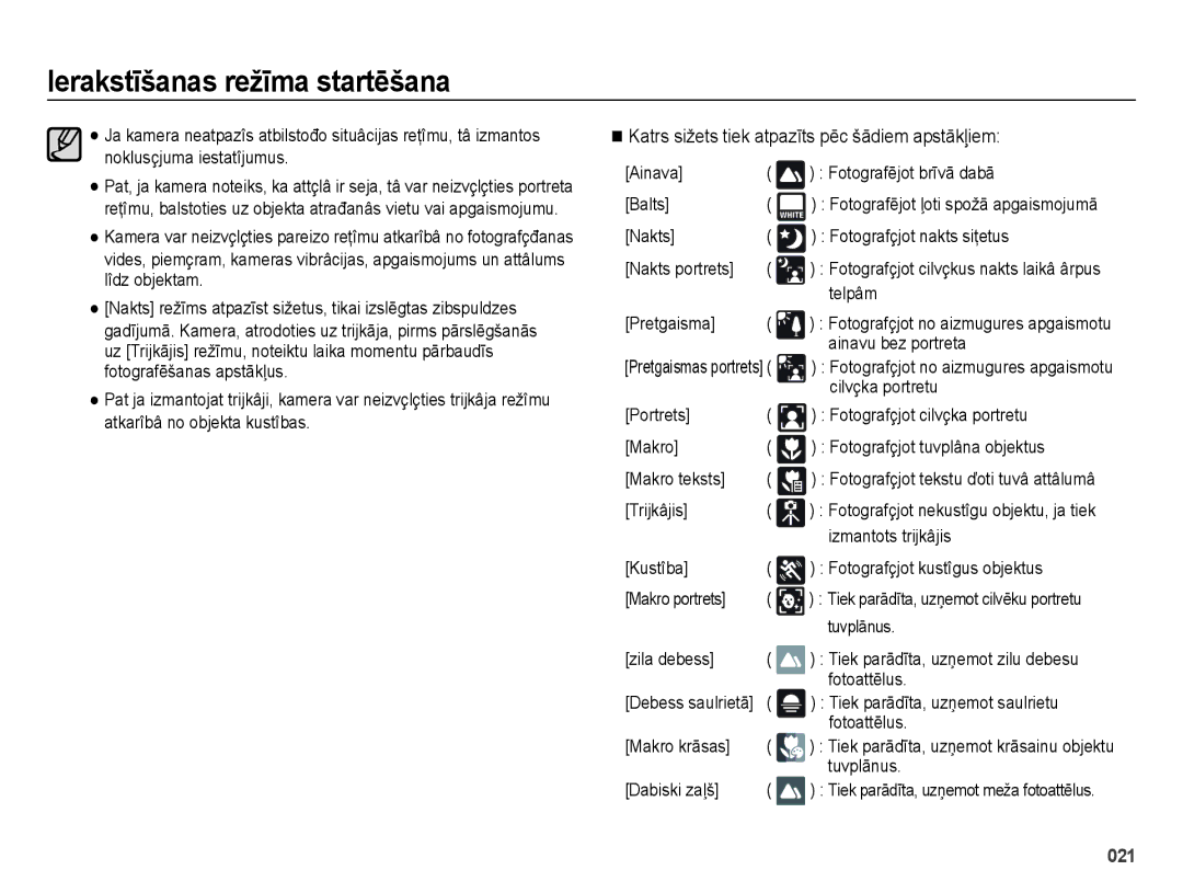 Samsung EC-ES28ZZBASE2, EC-ES28ZZBABE2 manual Katrs sižets tiek atpazīts pēc šādiem apstākļiem 